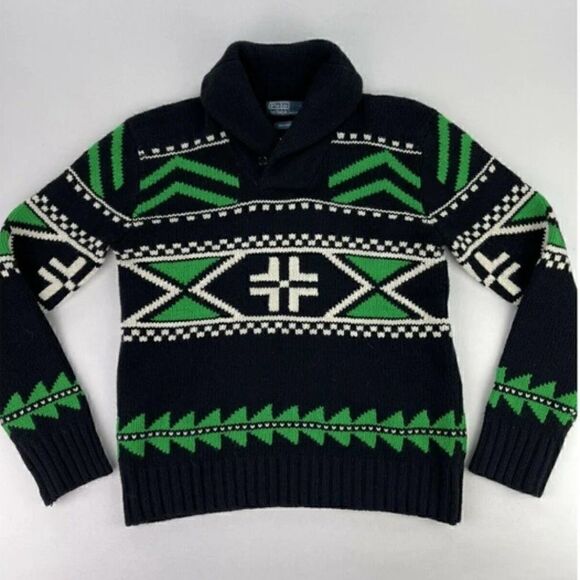 Polo Ralph Lauren Merino Wool Black & Green Multi Geometric Shawl Collar Sweater - Picture 2 of 16